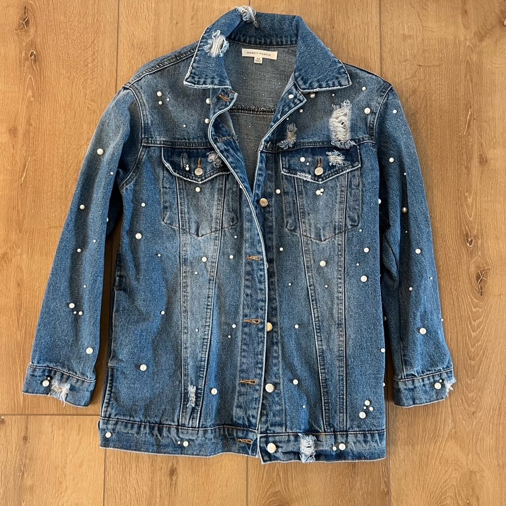 Honey punch distressed pearl denim jacket